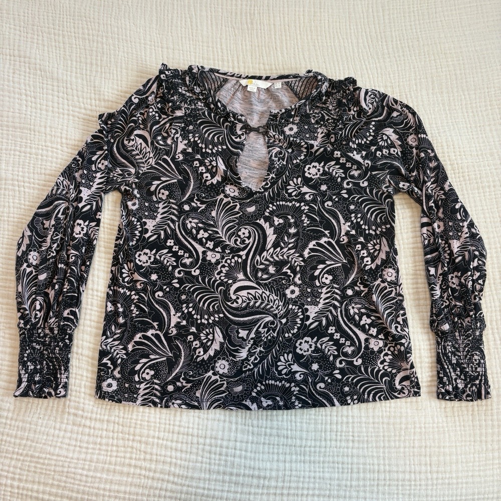Boden Top Women's Sz 4 Black 100% Cotton Paisley Tassel Tie Notch Neck Blouse